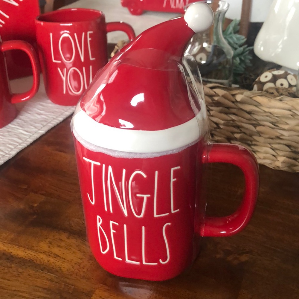 Rae Dunn Jingle Bells Mug with Santa hat topper